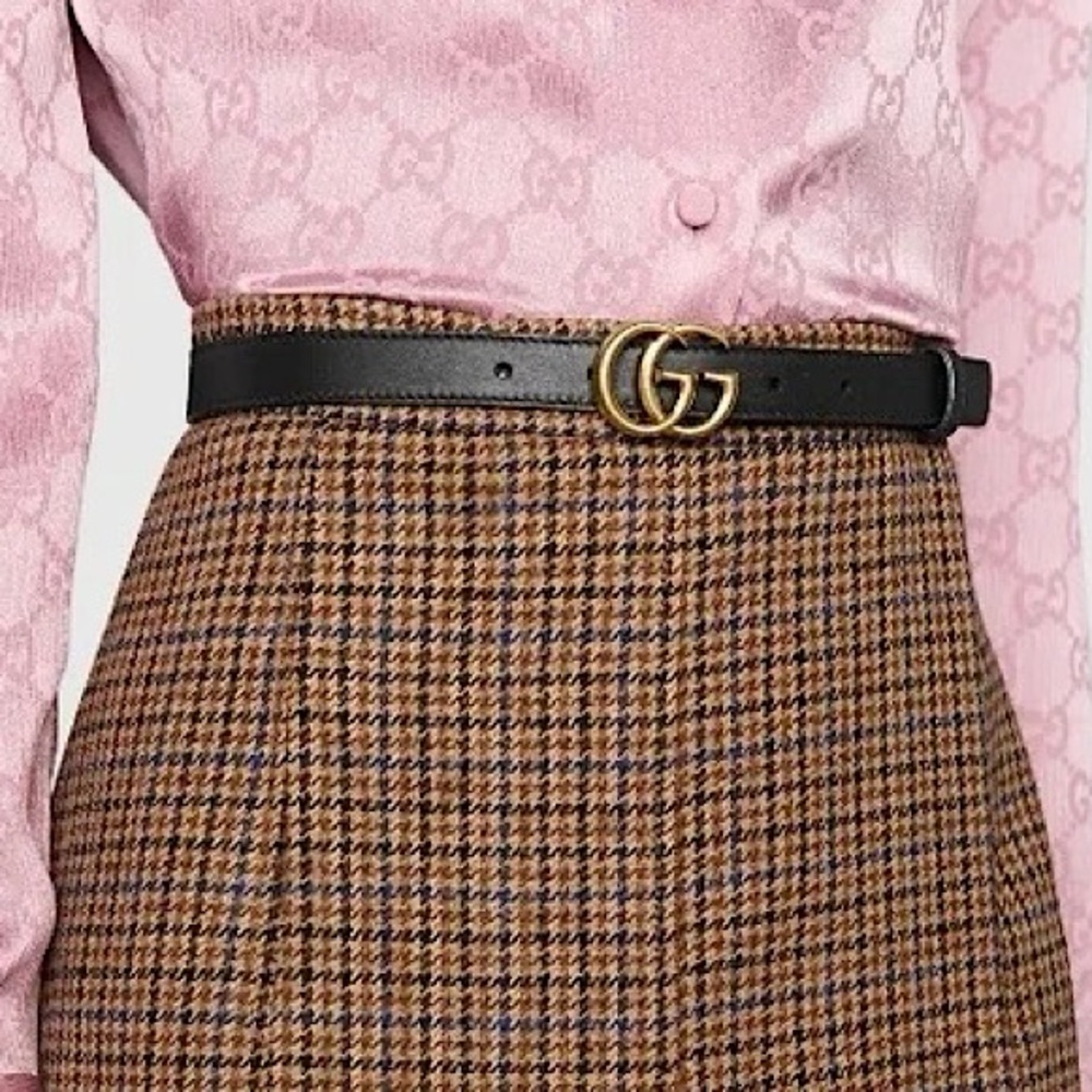 Authentic Gucci Marmont Double G Buckle Black Thin Leather Belt